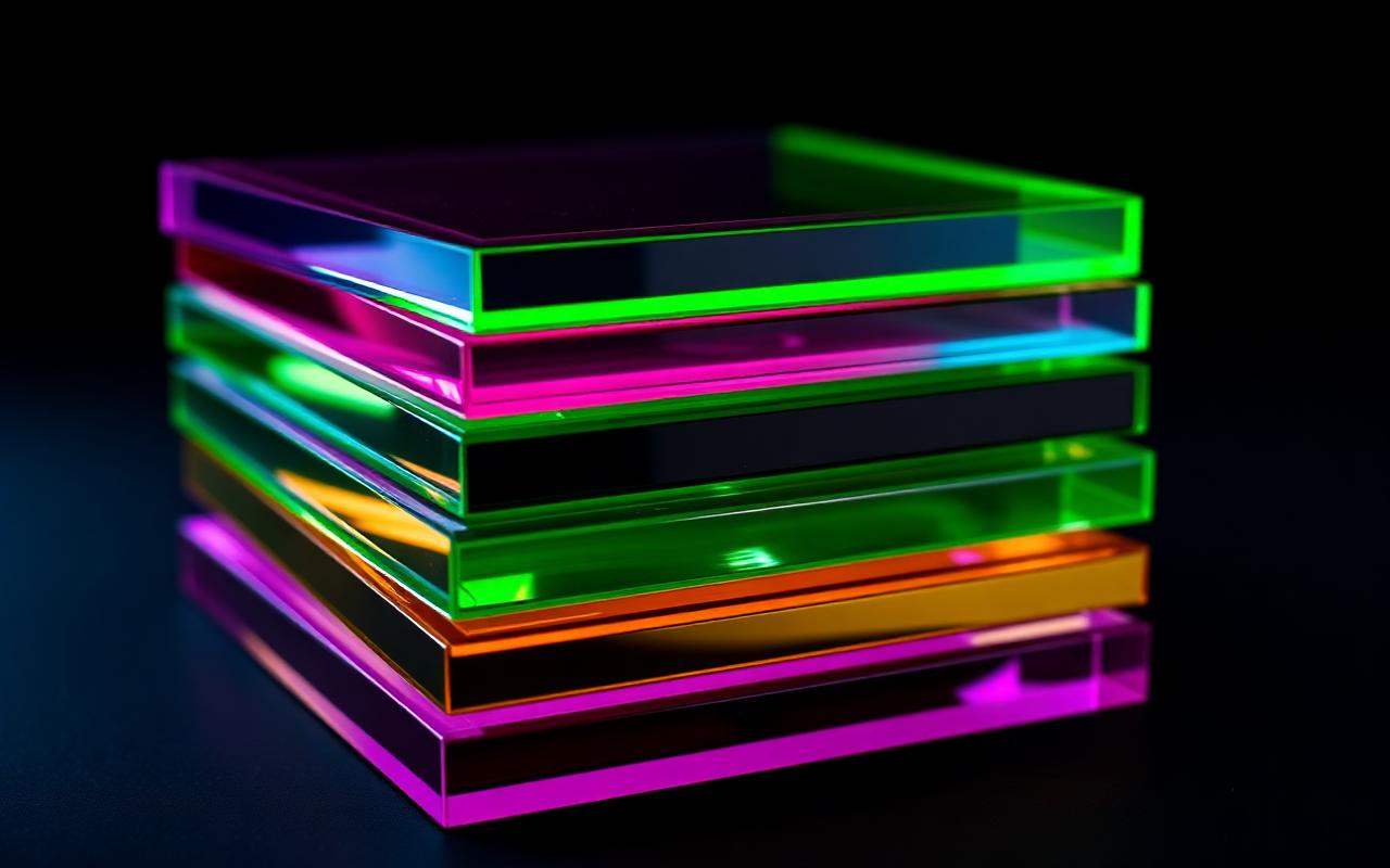 Stacked colorful laser-cut acrylic sheets with glossy edges