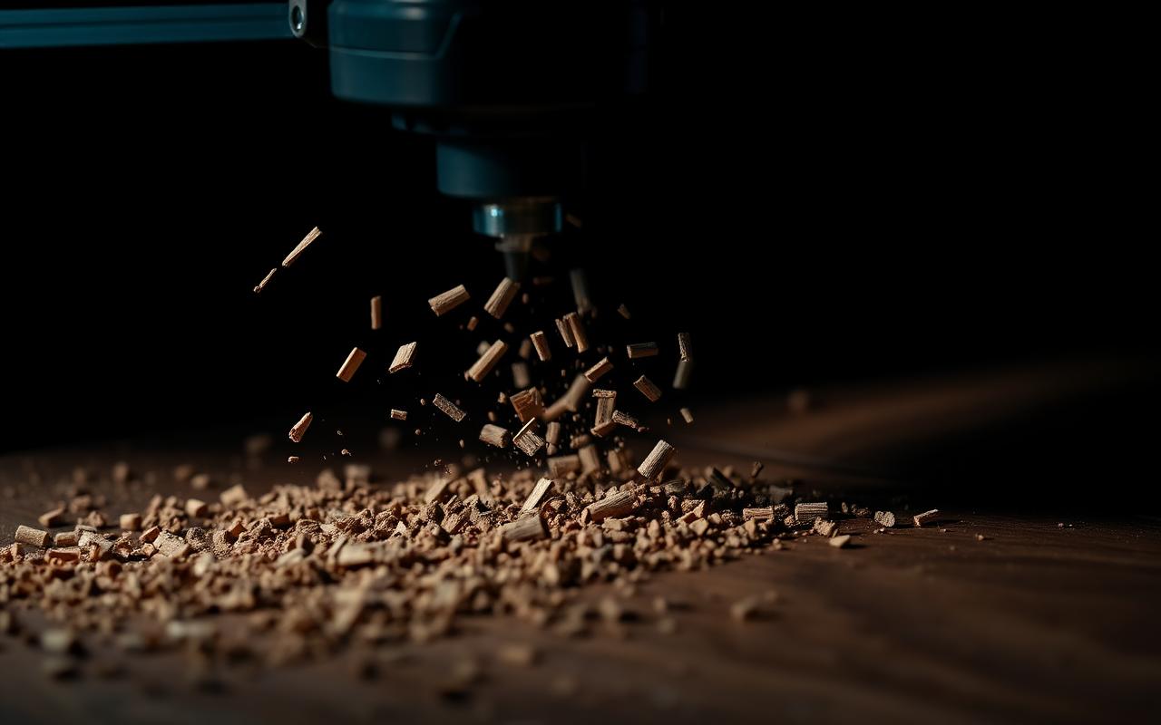 CNC bit carving walnut mid-cut with wood chips flying