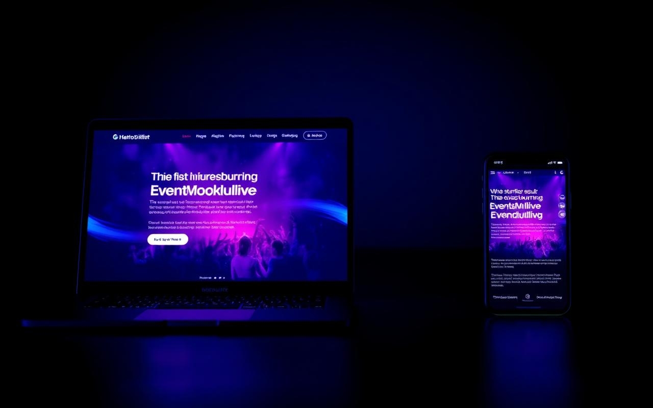 Sleek laptop and phone glowing with a colorful event page design