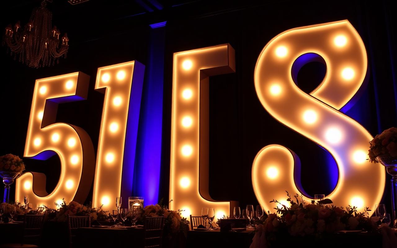 Oversized glowing marquee number props at an elegant event